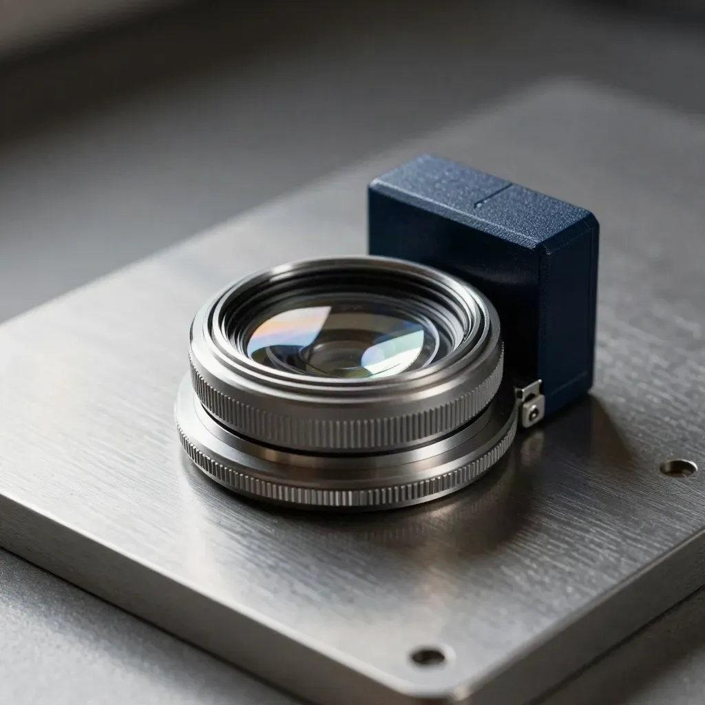 Optical lens cell, calibration rings, and matte sensor housing on brushed graphite metal.