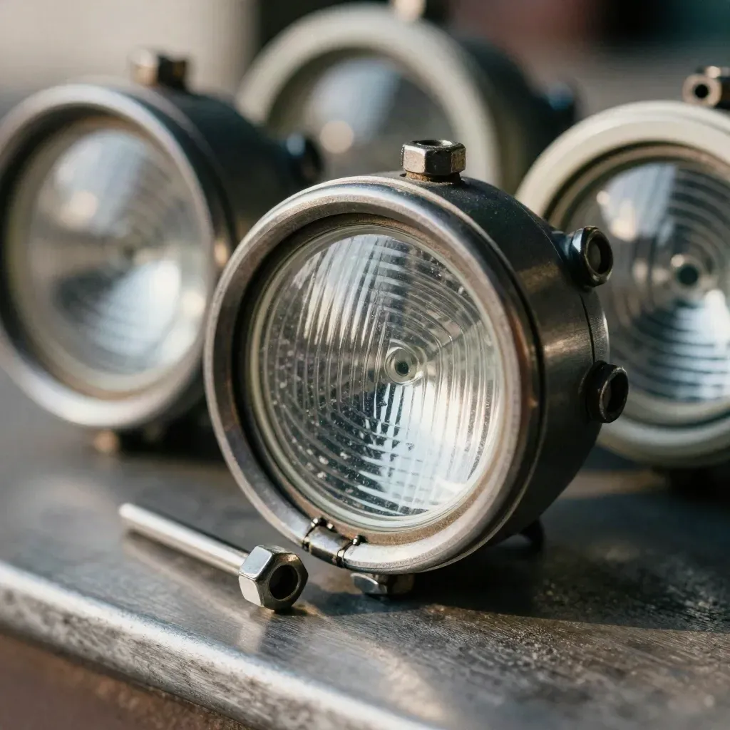 Rail signal lens, fasteners and oiled coupling pin on brushed metal in cold workshop light