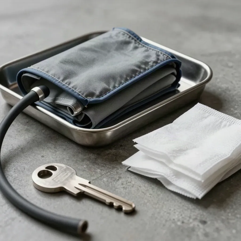 Macro still life of medical tray, cuff tubing, and gauze packets on cool concrete.