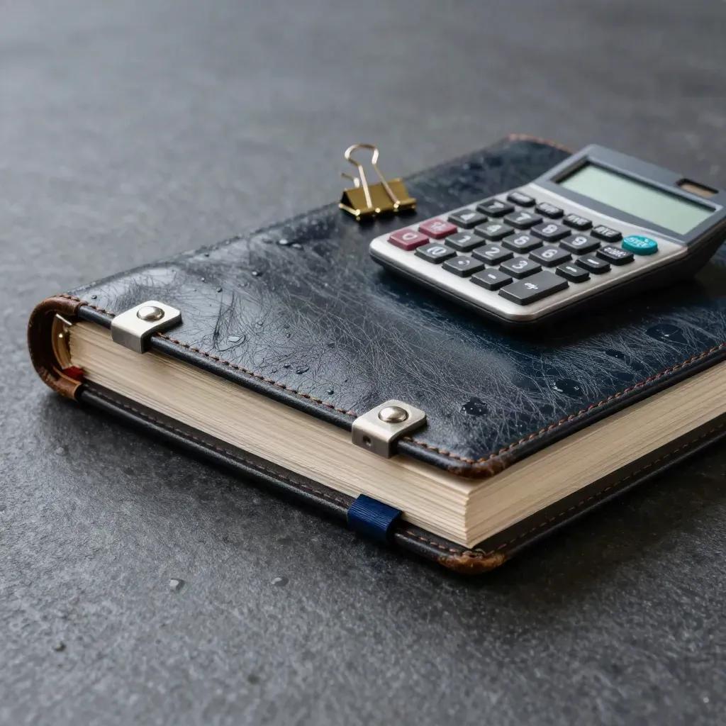Leather cap-table register with weights, folios, clips and calculator on slate in soft morning light.