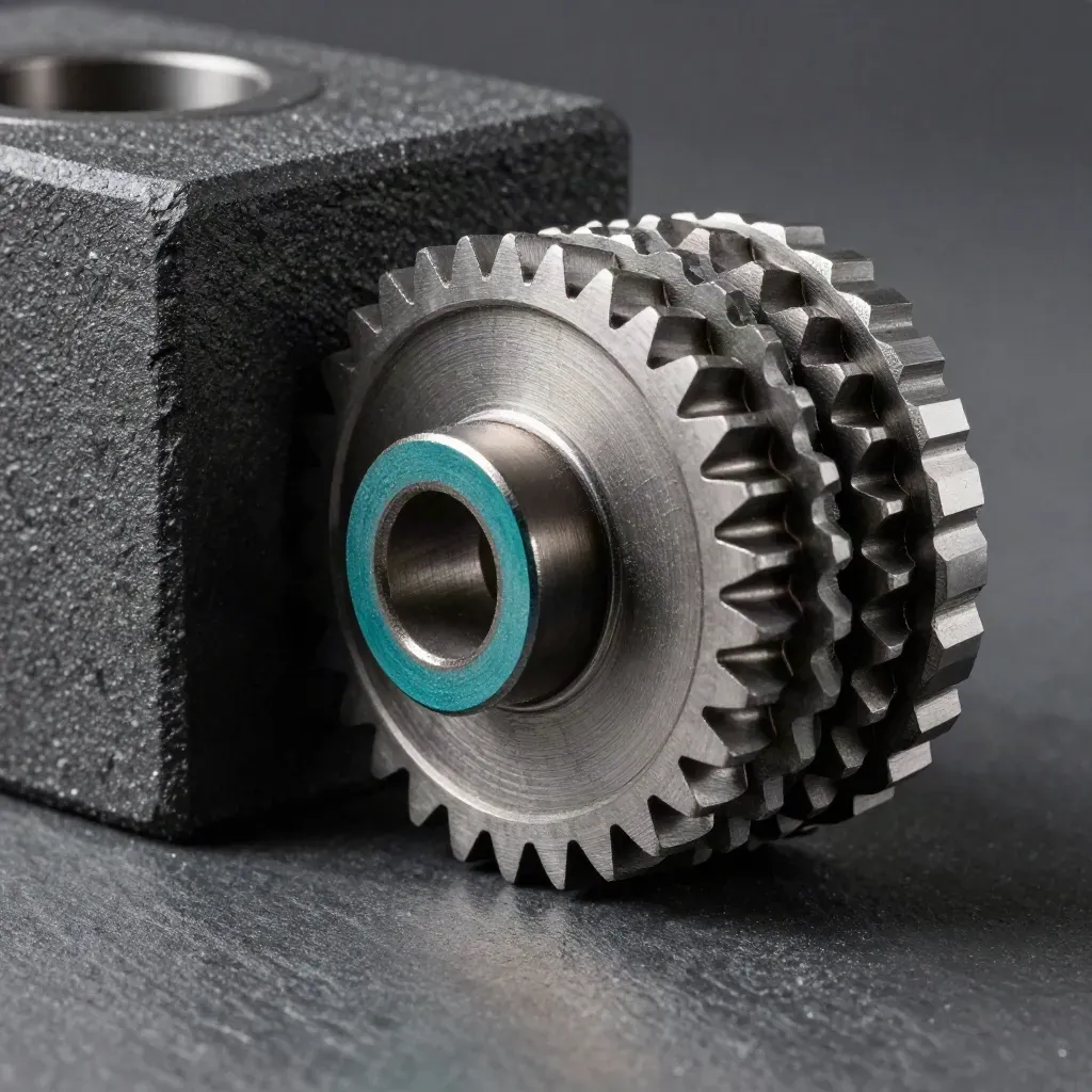 Steel gear blanks, washers, graphite block, and a teal accent on dark slate in macro detail.