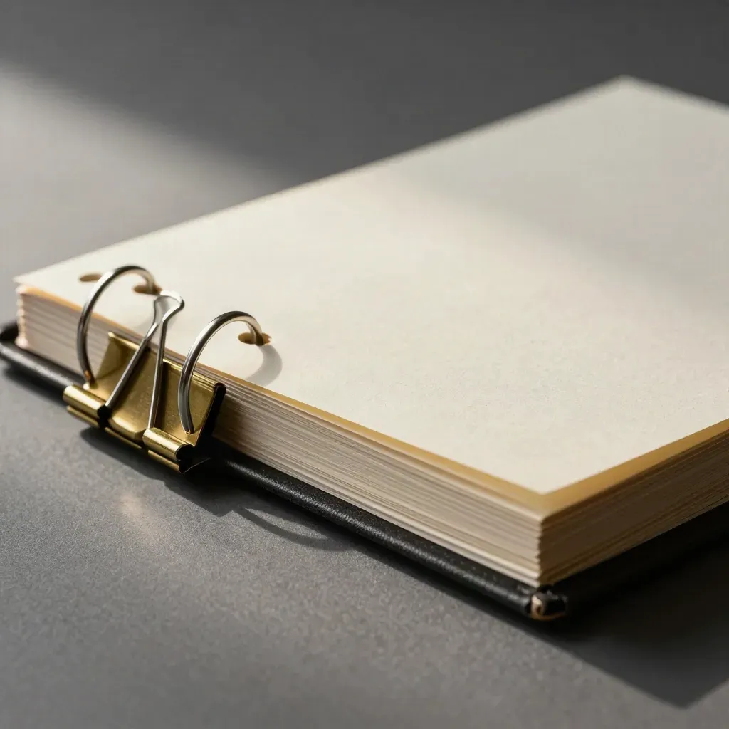 Brass binder clip on a ring-bound share register with overlapping index tabs and paper dust.