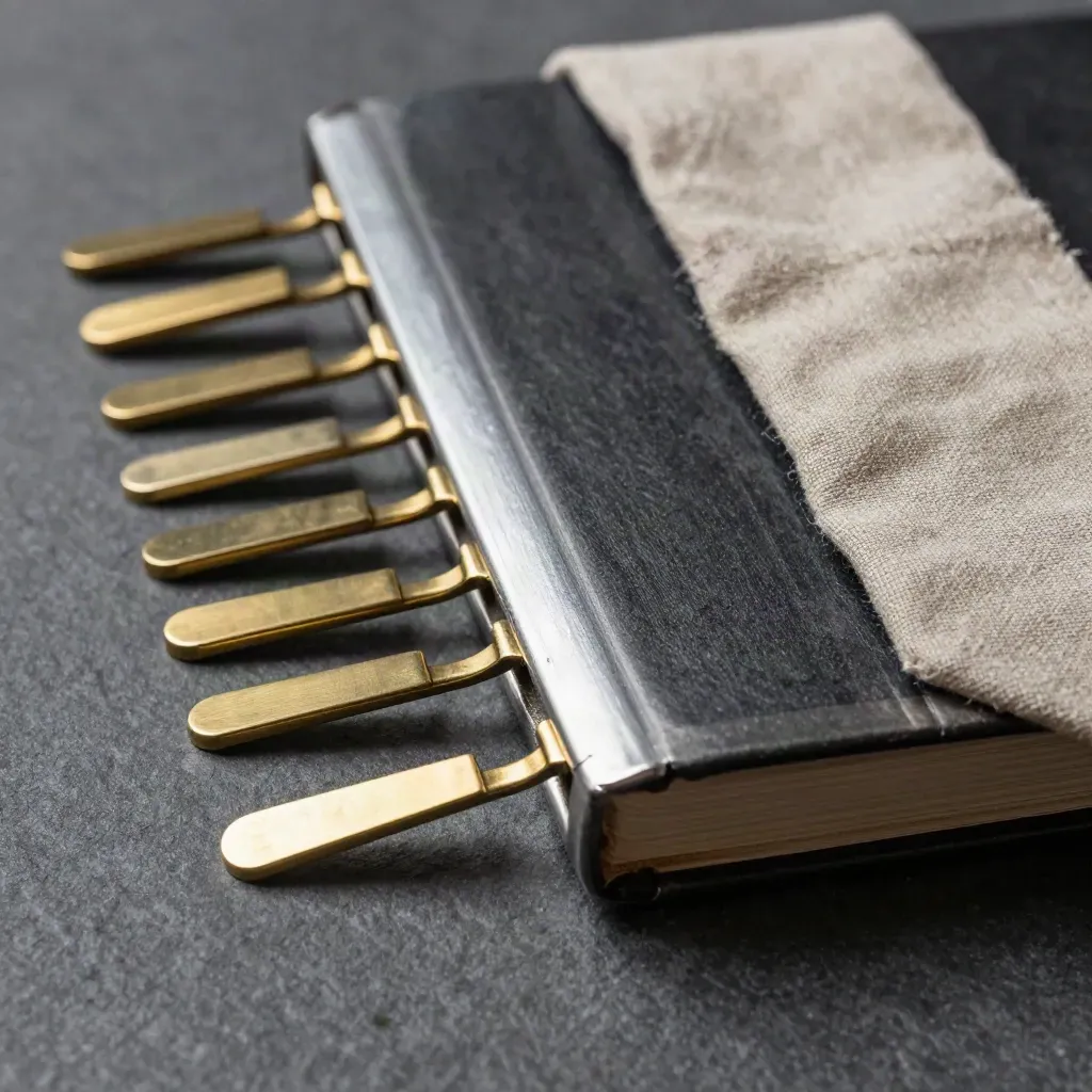 Charcoal ledger spine with brass markers and linen tie on a graphite archive surface.