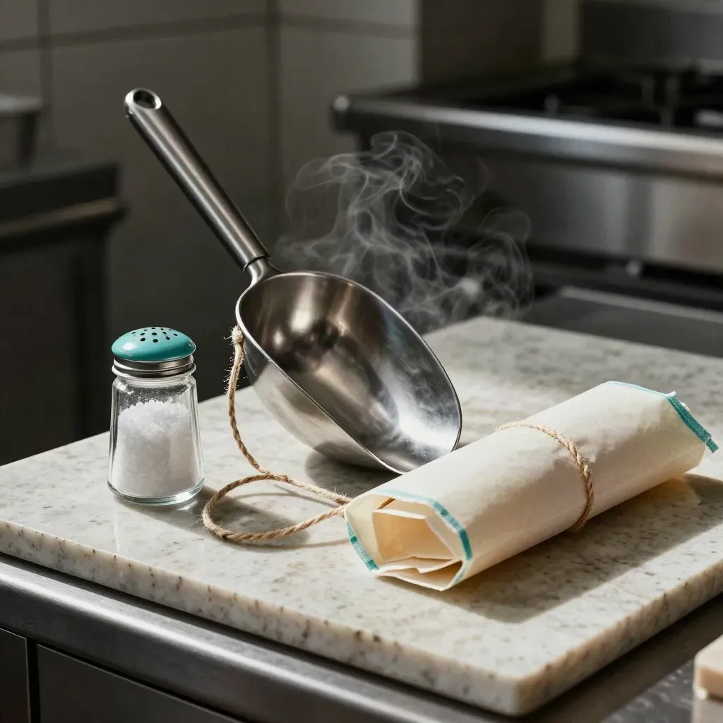 Stainless scoop, butcher twine, salt cellar and parchment packet on pale stone
