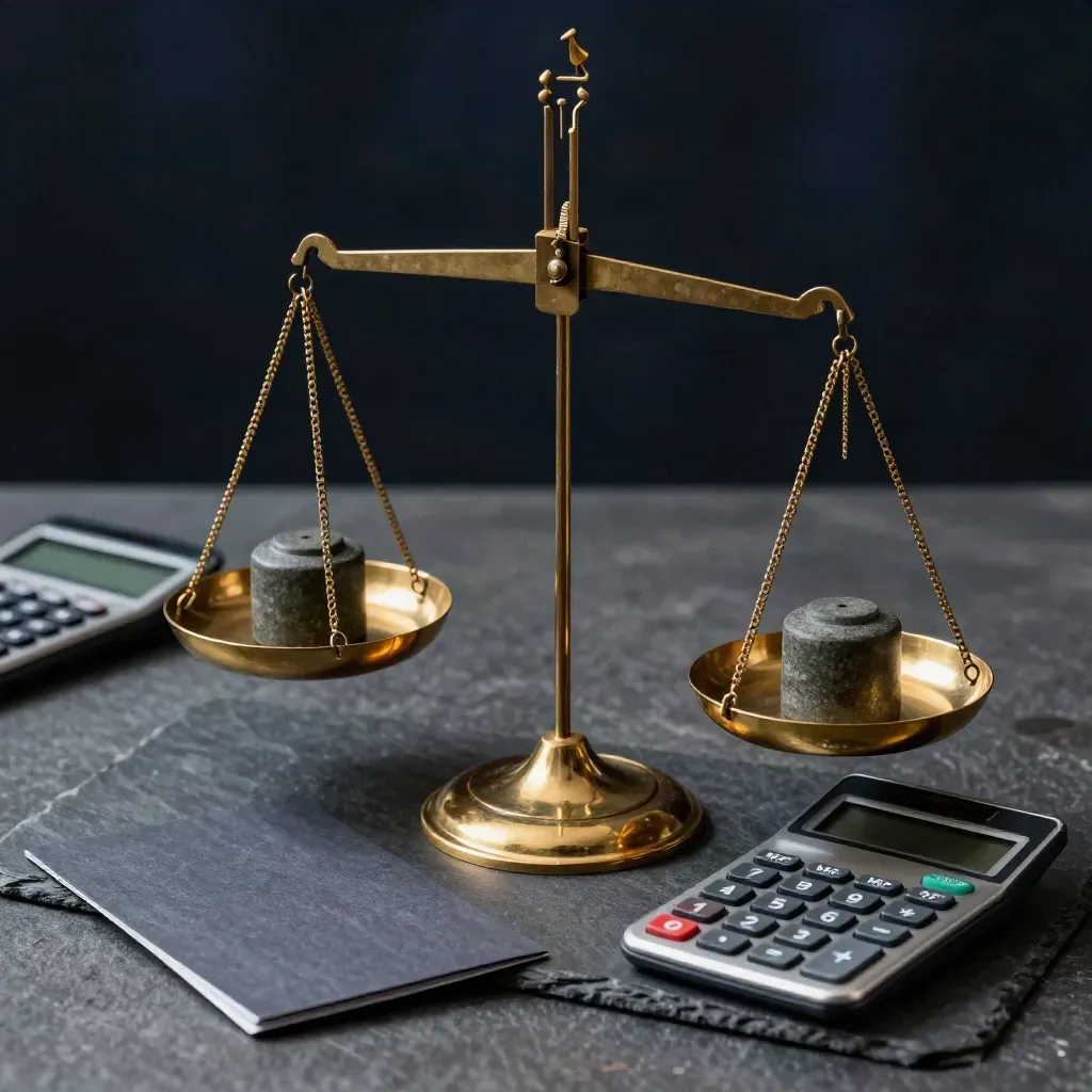 Brass balance scale with stone weights and a calculator block on dark stone in dramatic light.