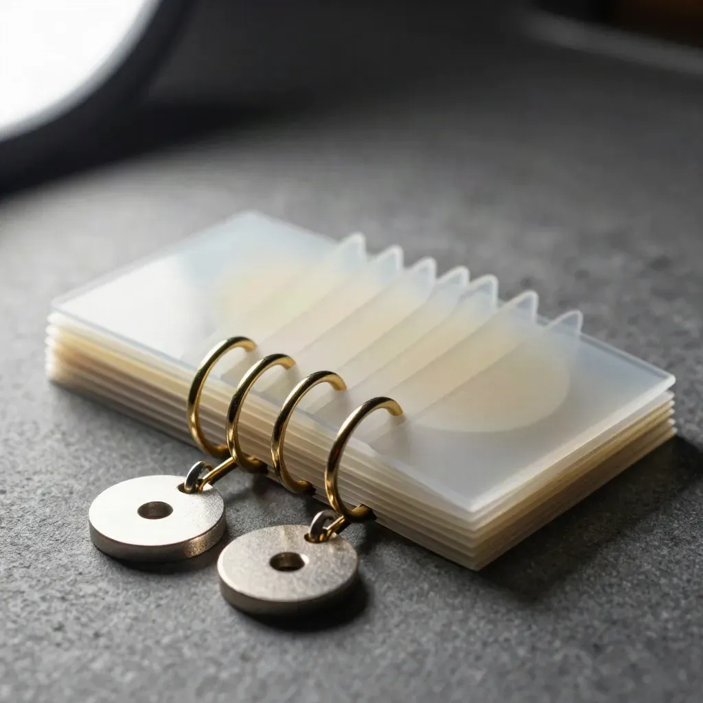 Macro still life of translucent planning cards, brass rings and frosted dividers on stone.