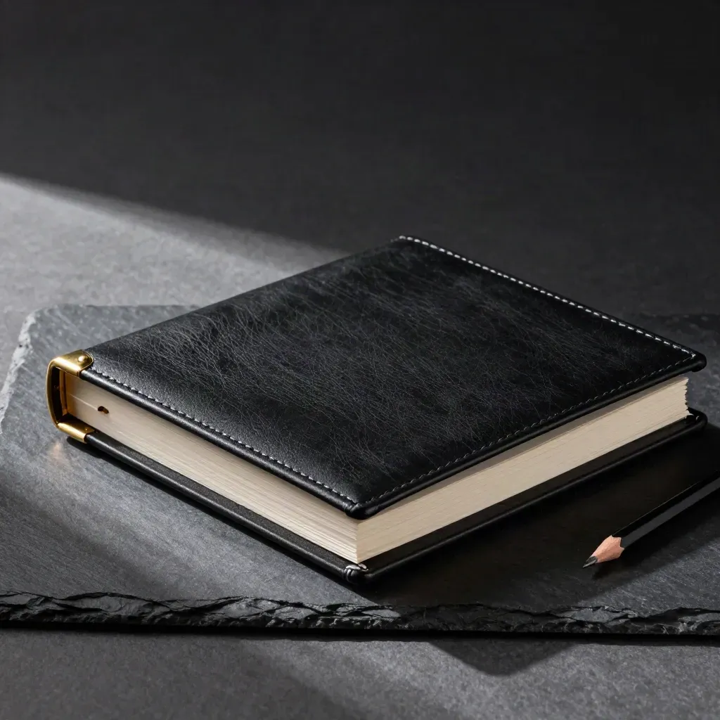 Half-open black presentation binder with brass corners and graphite pencil on slate