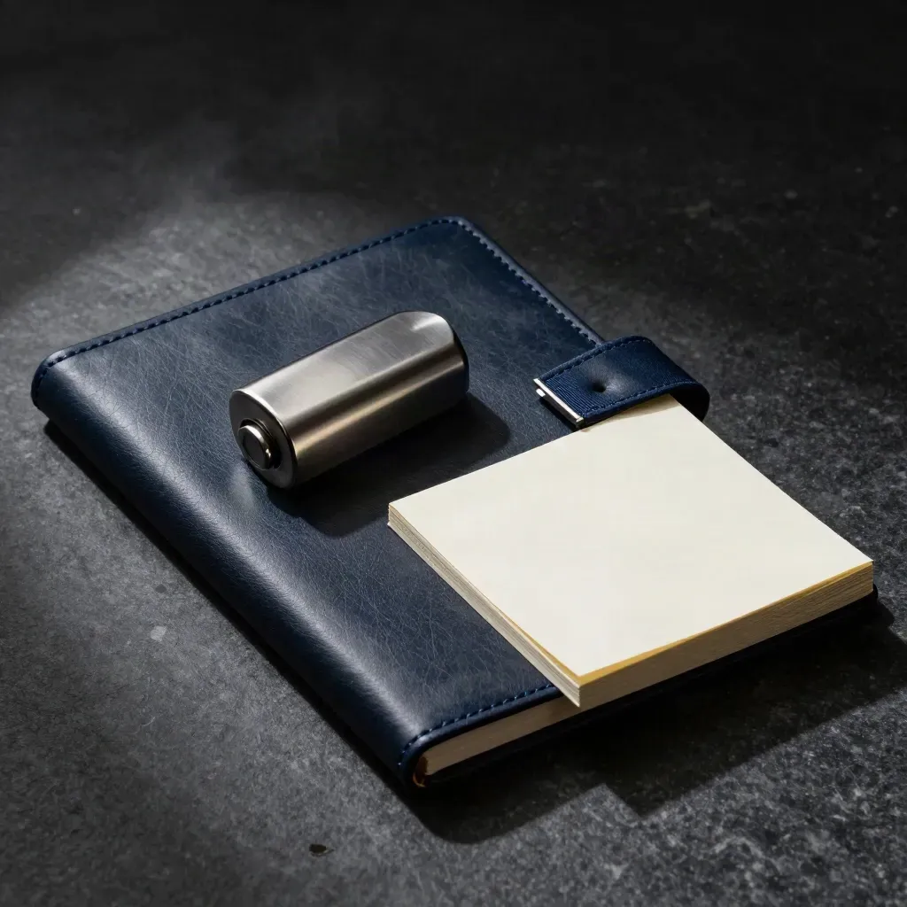 Leather folio, steel paperweight, and blank notes on dark stone with dramatic light.