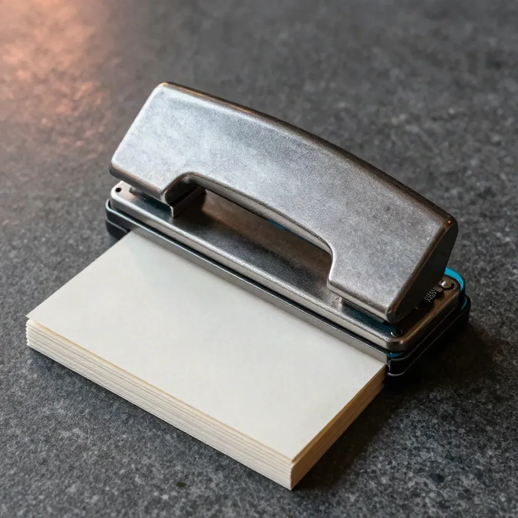 Top-down macro of a steel share-option punch, perforated tabs and blank grant cards on graphite stone.