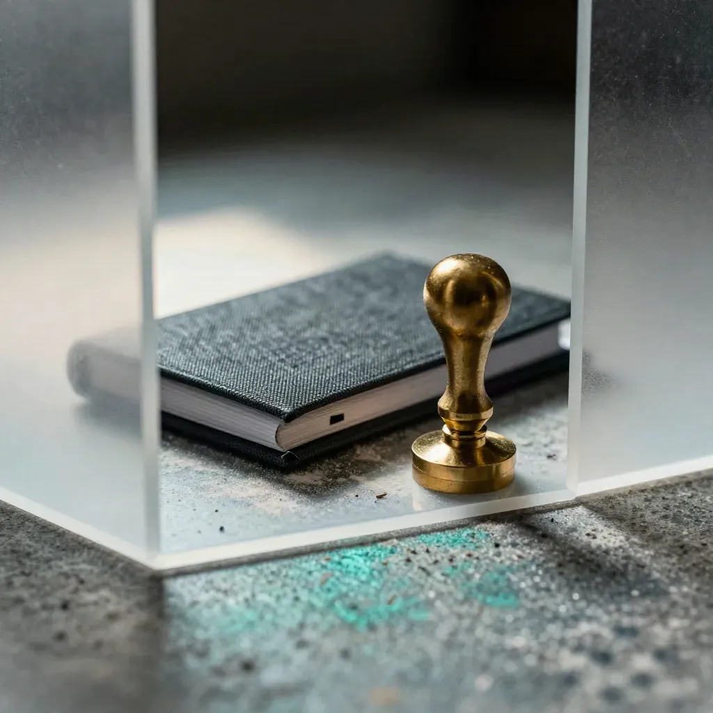 Frosted acrylic divider, closed cap-table binder and brass seal stamp on stone with teal glow