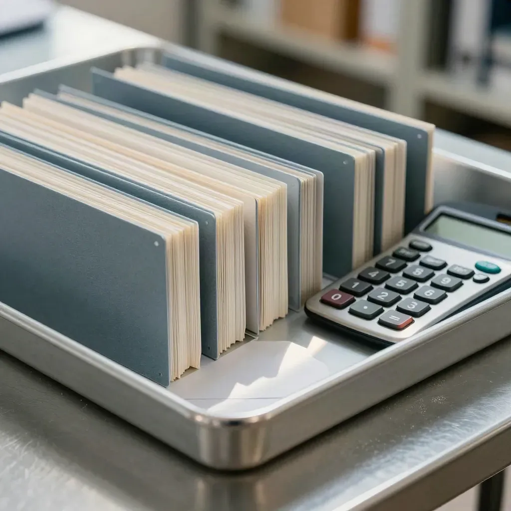 Overhead finance still life with ledger tray, modular files and calculator in cool neutrals.