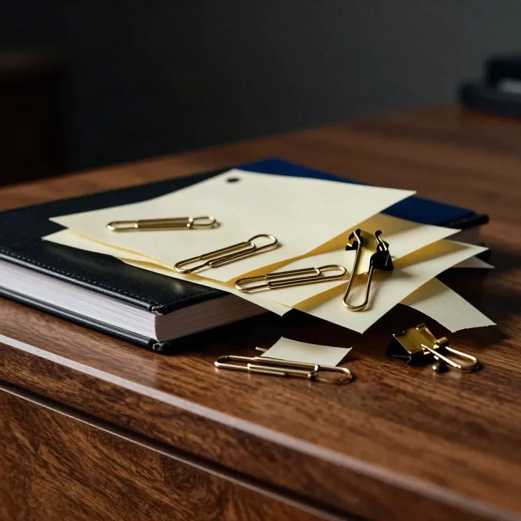 Brass binder clips, a closed black ledger, and punched tabs on a walnut desk in dramatic light.