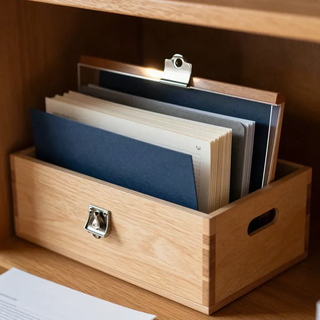 Pale wood file box with share-plan folders and money clip, shot through a blurred paper edge.