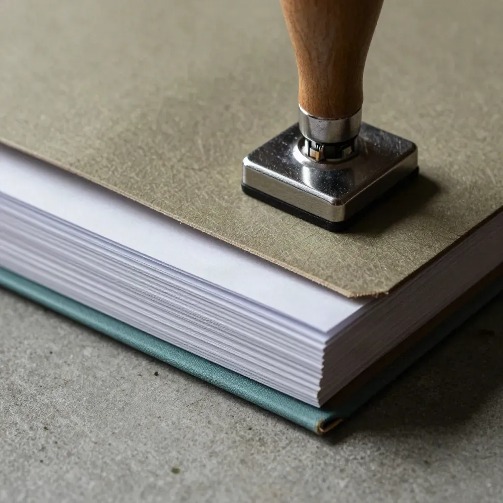 Macro still life of a stamped investor packet, paper slips and brushed metal tools on concrete.