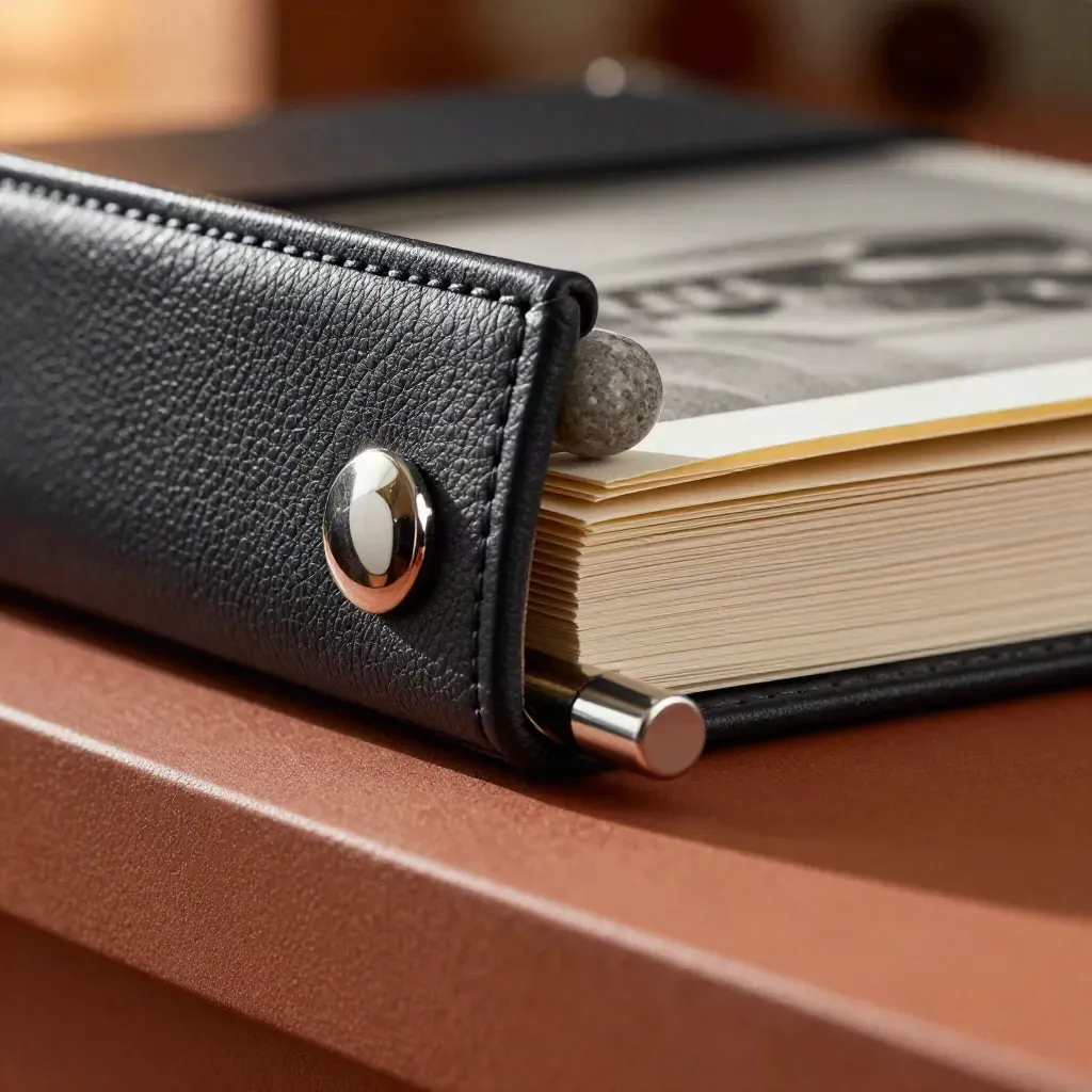 Macro still life of a board folio spine, stone paperweight, and silver pen cap on terracotta ledge