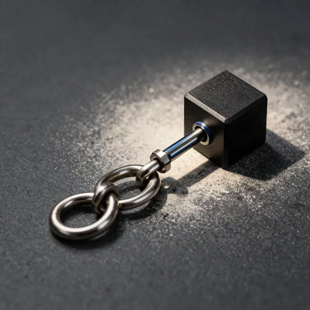 Macro overhead of brushed-steel rings, connector pin and black block on a graphite stone surface.