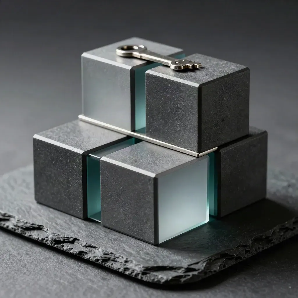 Graphite cubes, frosted glass and aluminium bridge plate on a dark studio plinth