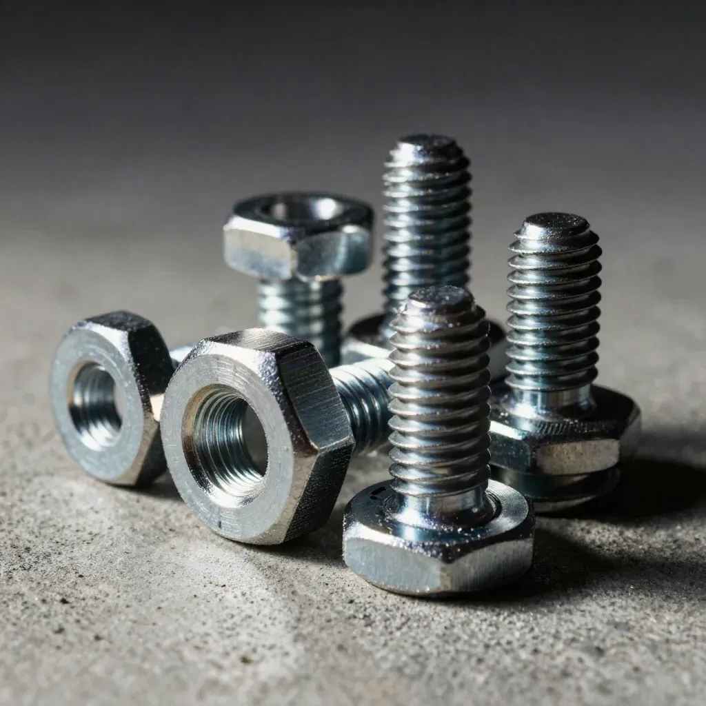 Macro of threaded fasteners and a knurled coupler on concrete, lit with skimming metal light.