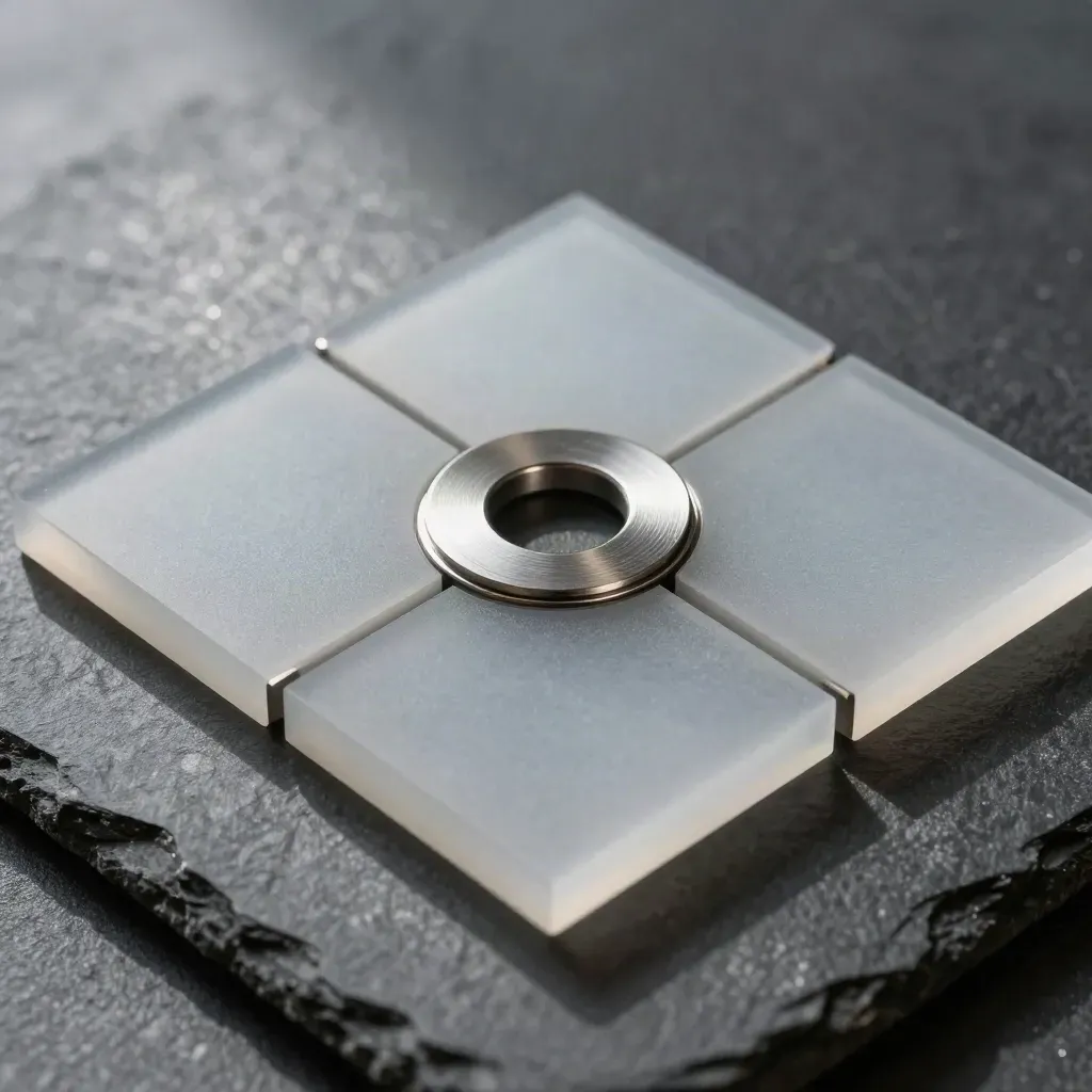 Top-down still life of frosted tiles, aluminium spacers and magnet discs on dark stone.