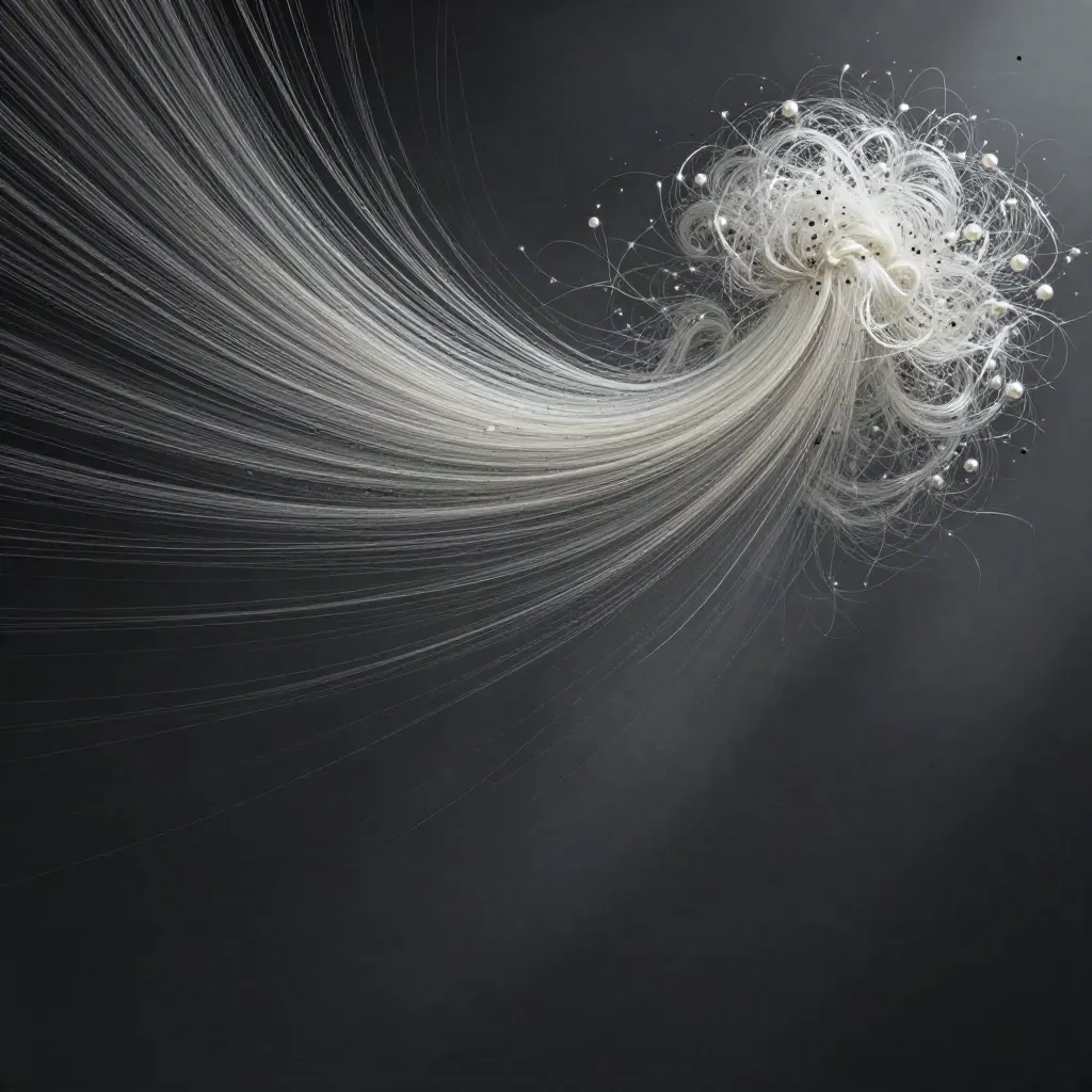Silver filaments bloom in graphite haze with calm space for headline copy.